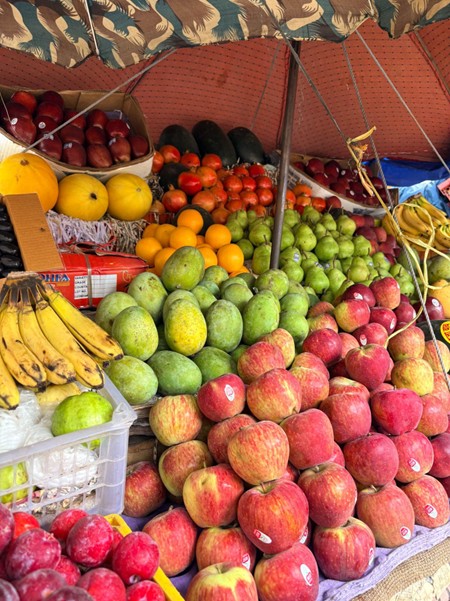 インドの青果店　色とりどりの果物が並ぶ